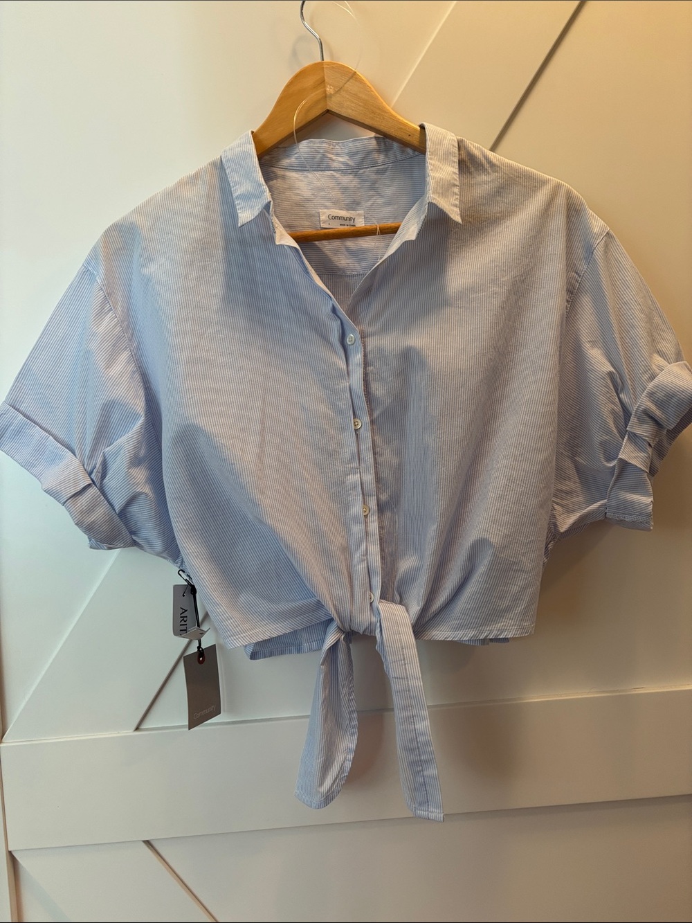 Light Blue and white stripe Tie-Front Crop Blouse by Community, Aritzia